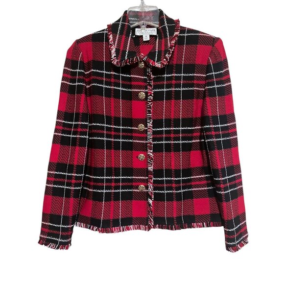 Vintage St John Marie Gray Tweed Plaid Jacket 12 Gold Buttons Money Luxury Cabin - Picture 2 of 9